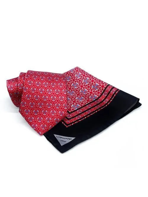Set cravatta classica Rossa e pochette con motivo ornamentale Azzurro