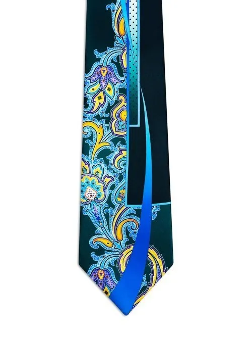 Cravatta Signature Verde con Paisley e Geometrie Azzurre