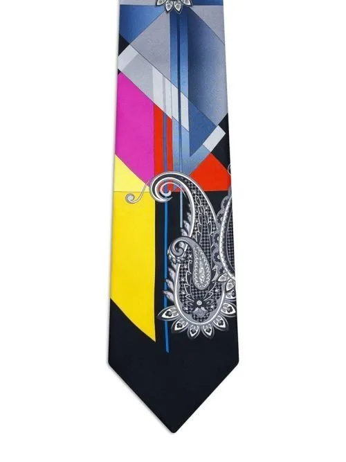 Signature Black Tie with Multicolor Stripes and Blue Flowers