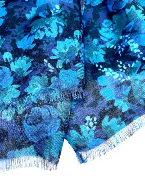 Blue scarf with floral pattern 70cm