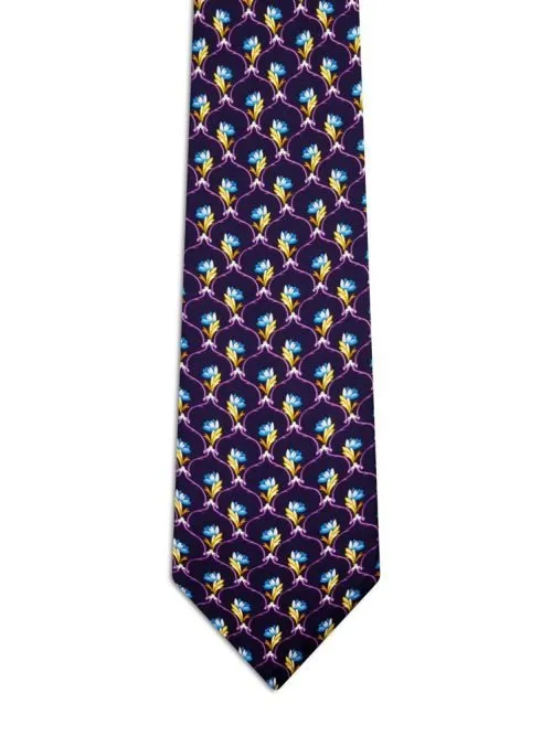 Cravatta Classica Viola con Fiori Azzurri