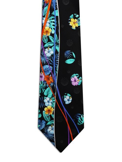 Signature Black Tie with Turquoise Tropical Flowers and Ribbons