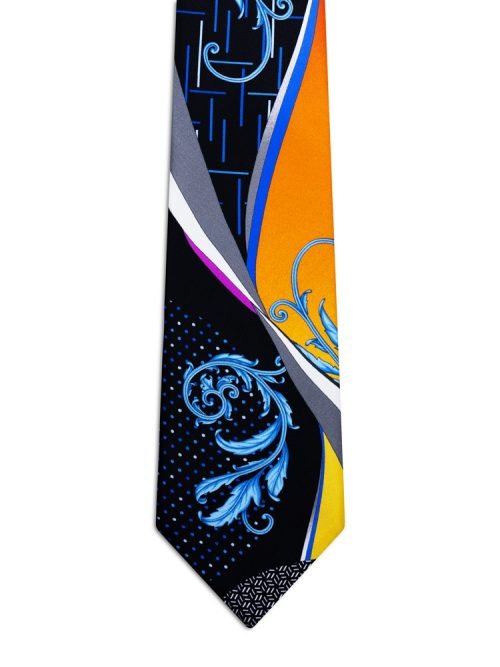 Signature Black and Orange Tie with Light Blue Baroque and Polka Dots