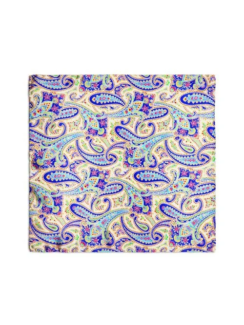 White Handkerchief with Bluette and Green Paisley