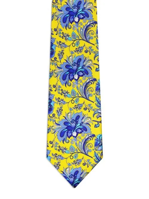 Cravatta Classica Gialla con motivo floreale azzurro