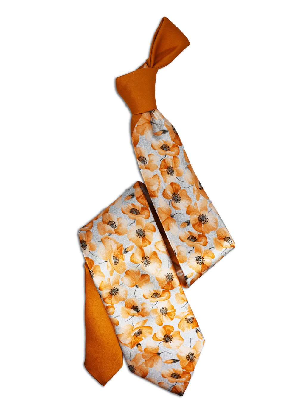 Deco Silver Tie with Orange Flowers and Contrasting Orange Knot - Image 2
