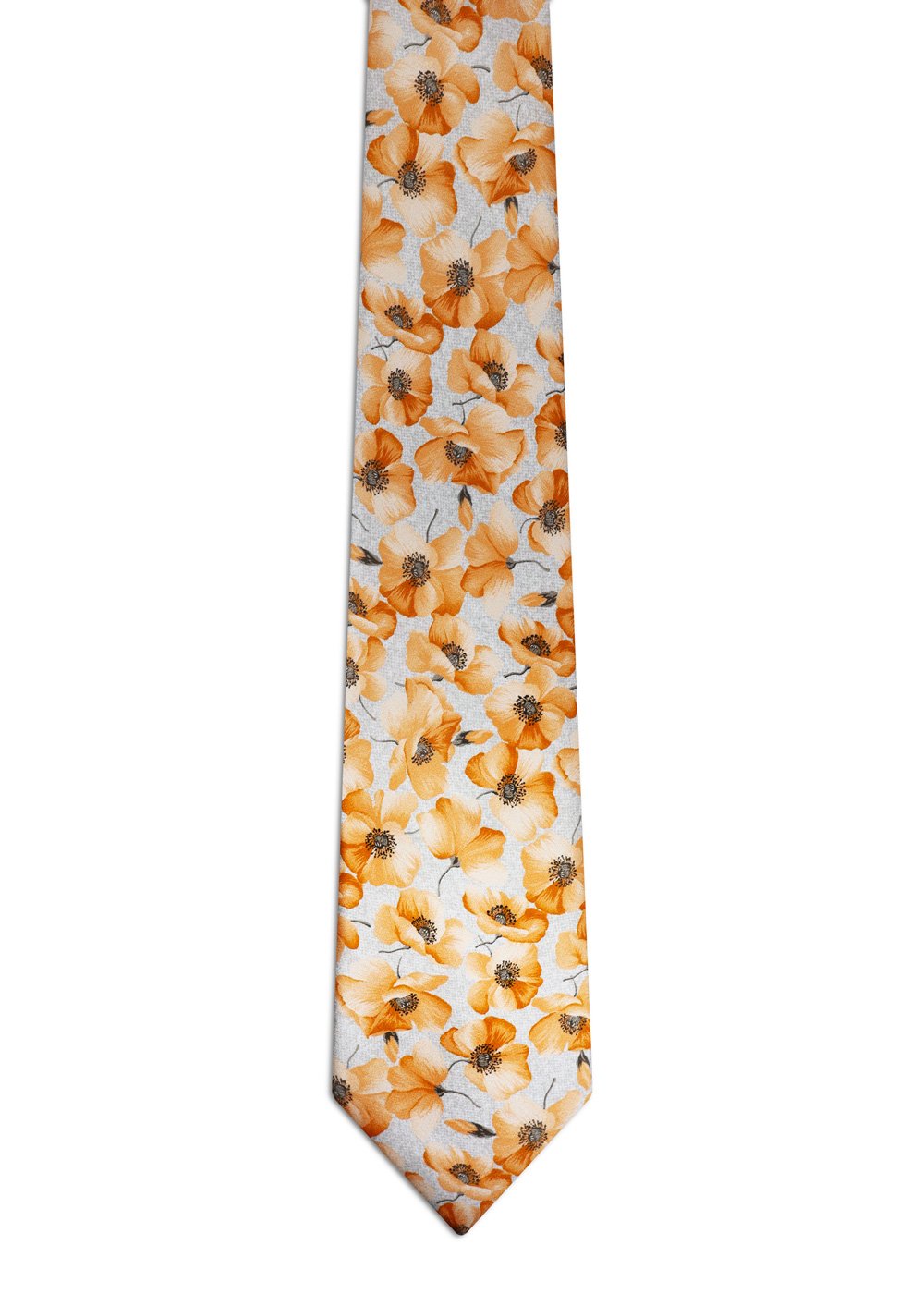 Deco Silver Tie with Orange Flowers and Contrasting Orange Knot - Image 3