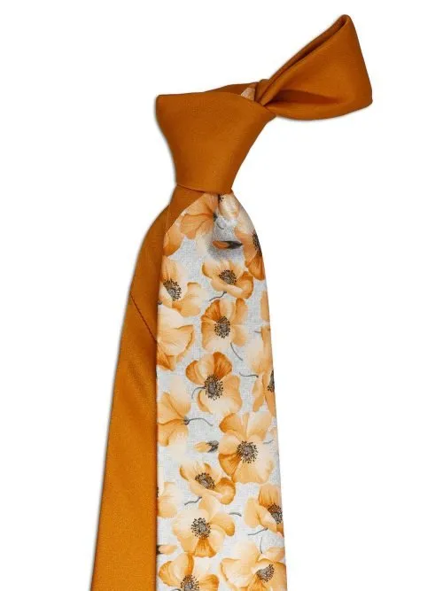 Deco Silver Tie with Orange Flowers and Contrasting Orange Knot