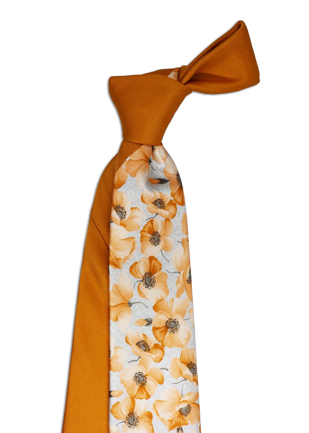 Deco Silver Tie with Orange Flowers and Contrasting Orange Knot