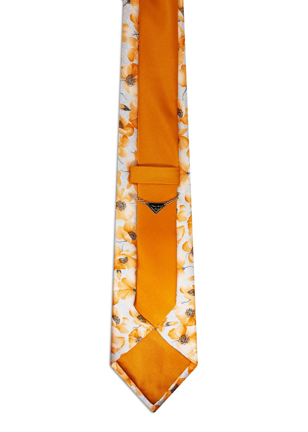 Deco Silver Tie with Orange Flowers and Contrasting Orange Knot - Image 4