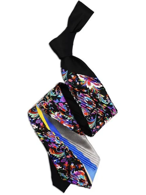 Limited Edition Black Pleated Tie with Tropical Flowers and Ribbons