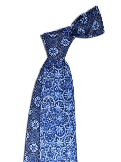 Blue Deco Tie with Light Blue Mandala and Contrasting Knot with Small Medallions <sup style="background-color: #aa9b63; text-transform: capitalize; color: #FFFFFF">NEW</sup>