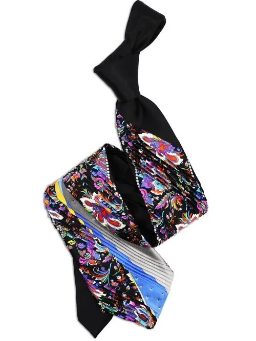 Limited Edition Black Pleated Tie with Tropical flowers and Swarovski