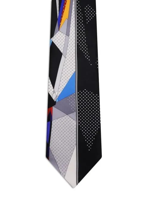 Cravatta Signature Nera con geometrie multicolore e pois bianchi <sup style="background-color: #aa9b63; text-transform: capitalize; color: #FFFFFF">NUOVO</sup>