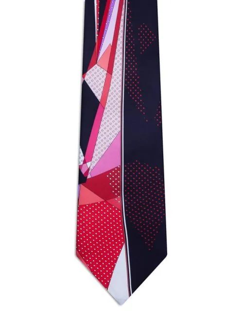 Blue and Grey Signature Tie with Multicolored geometries and Red Polka dots <sup style="background-color: #aa9b63; text-transform: capitalize; color: #FFFFFF">NEW</sup>