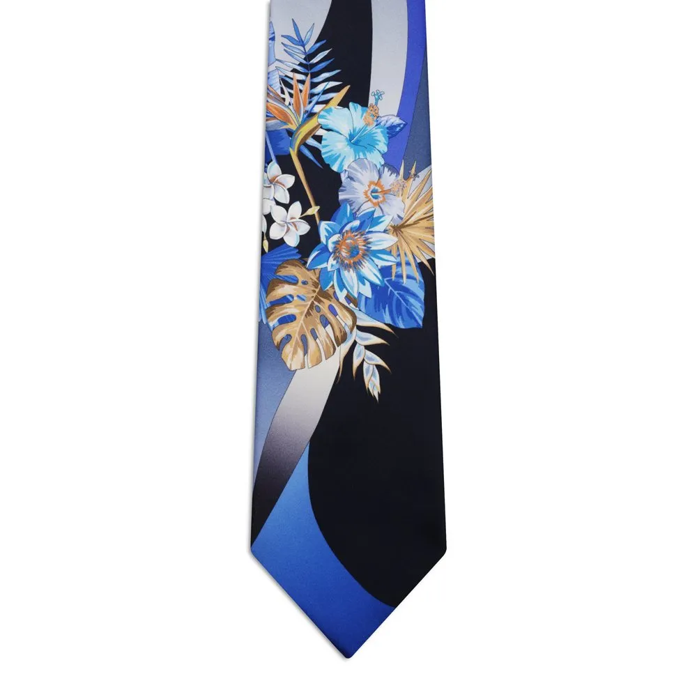 Blue and Silver Signature Tie with Tropical Flowers <sup style="background-color: #aa9b63; text-transform: capitalize; color: #FFFFFF">NEW</sup>