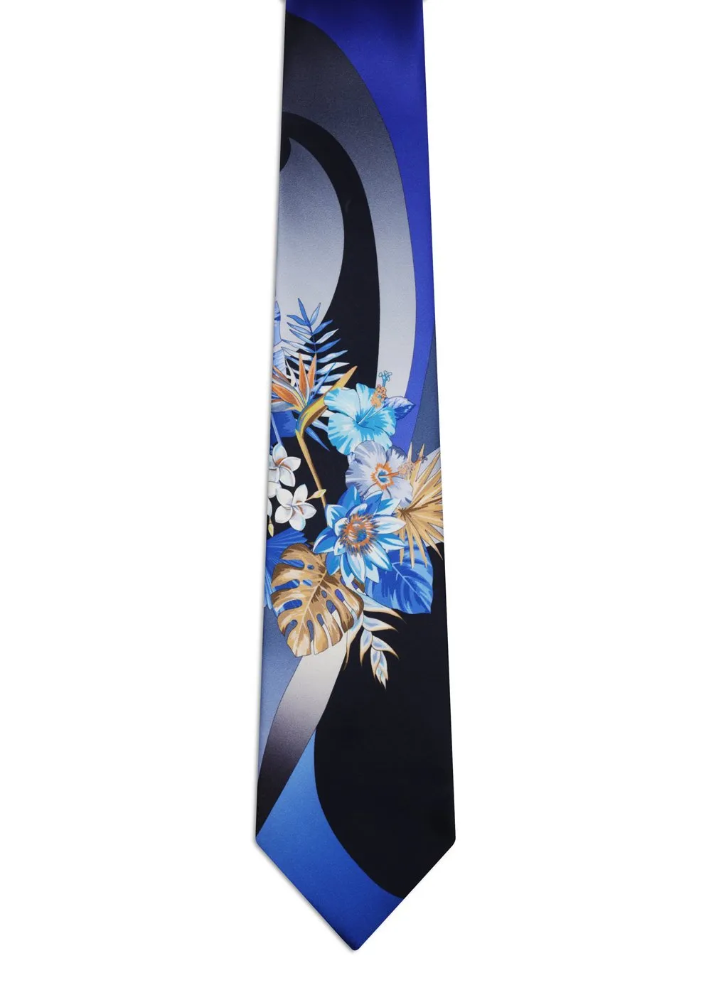 Blue and Silver Signature Tie with Tropical Flowers <sup style="background-color: #aa9b63; text-transform: capitalize; color: #FFFFFF">NEW</sup> - Image 2