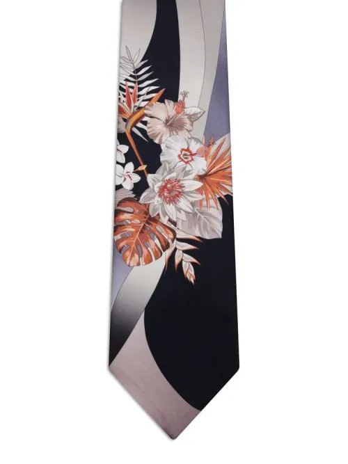 Cravatta Signature Nera e Grigio con fiori tropicali <sup style="background-color: #aa9b63; text-transform: capitalize; color: #FFFFFF">NUOVO</sup>