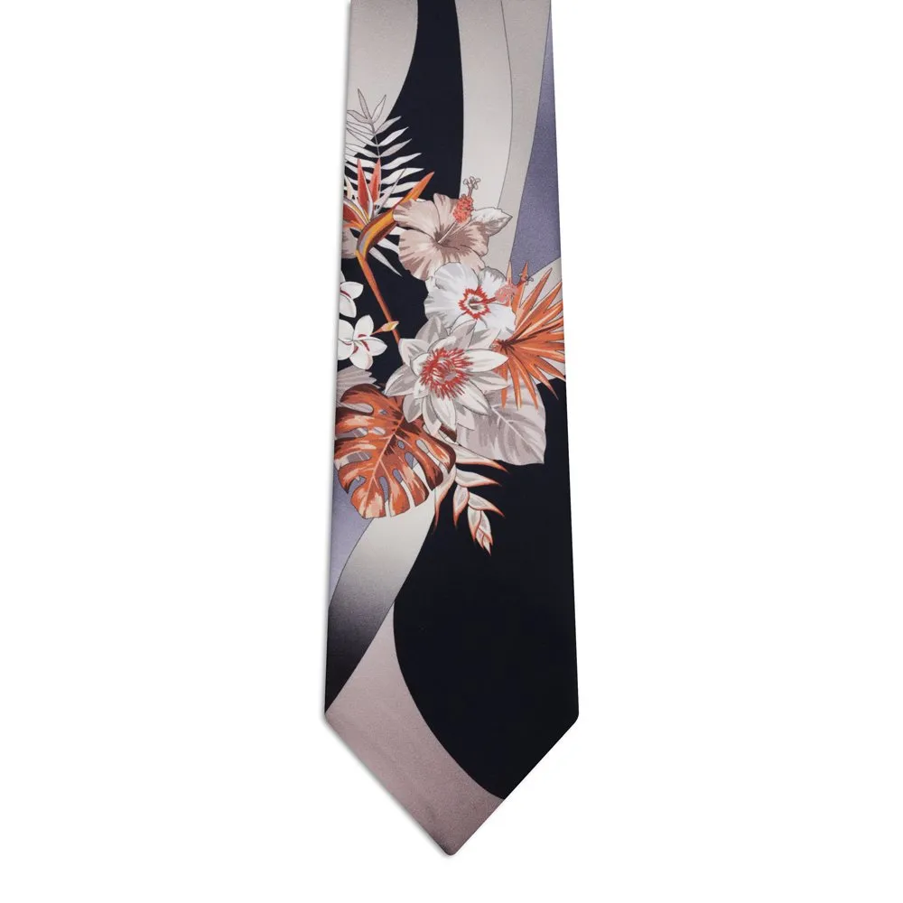 Black and Grey Signature Tie with Tropical Flowers <sup style="background-color: #aa9b63; text-transform: capitalize; color: #FFFFFF">NEW</sup>