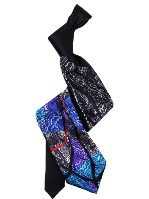 Limited Edition Black and Light Blue Pleated Tie with Paisley and Ribbons <sup style="background-color: #aa9b63; text-transform: capitalize; color: #FFFFFF">NEW</sup>