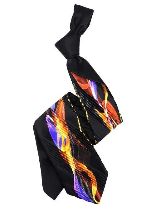 Cravatta Nera Plissè Limited Edition con motivo astratto viola e arancione <sup style="background-color: #aa9b63; text-transform: capitalize; color: #FFFFFF">NUOVO</sup>