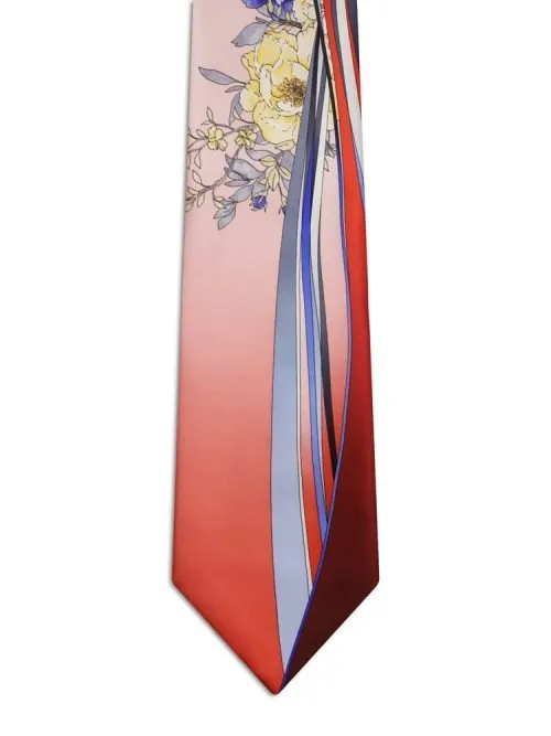 Cravatta Signature Rosso sfumato con rose Blu e Gialle e nastri <sup style="background-color: #aa9b63; text-transform: capitalize; color: #FFFFFF">NUOVO</sup>