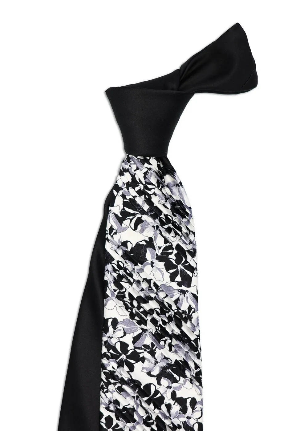 White Pleated Deco tie with flowers and contrasting black knot<sup style="background-color: #aa9b63; text-transform: capitalize; color: #FFFFFF">NEW</sup>