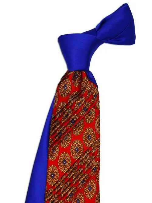 Red Pleated Deco tie with medallions and contrasting royal blue knot<sup style="background-color: #aa9b63; text-transform: capitalize; color: #FFFFFF">NEW</sup>