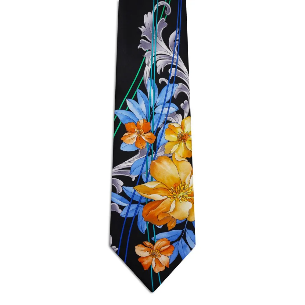 Cravatta Signature Nero con Fiori, Barocco Argento e Nastri <sup style="background-color: #aa9b63; text-transform: capitalize; color: #FFFFFF">NUOVO</sup>
