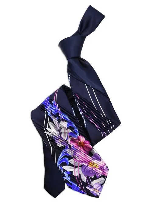 Limited Edition Dark Blue Pleated Tie with Flowers, Blue Baroque and Ribbons <sup style="background-color: #aa9b63; text-transform: capitalize; color: #FFFFFF">NEW</sup>