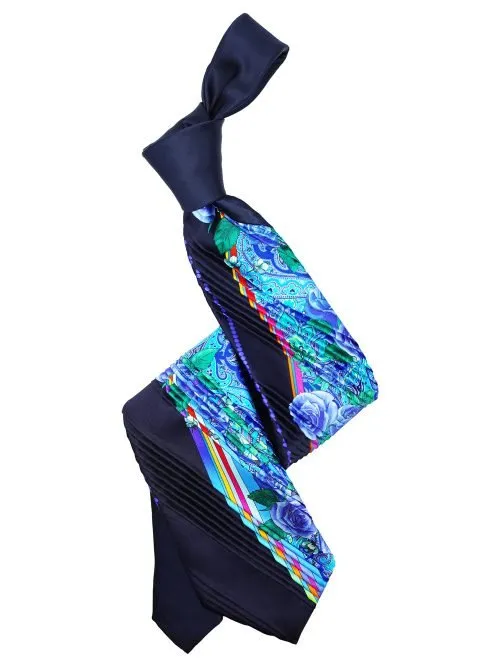 Limited Edition Dark blue Pleated Tie with Orange Paisley, Roses and Ribbons <sup style="background-color: #aa9b63; text-transform: capitalize; color: #FFFFFF">NEW</sup>