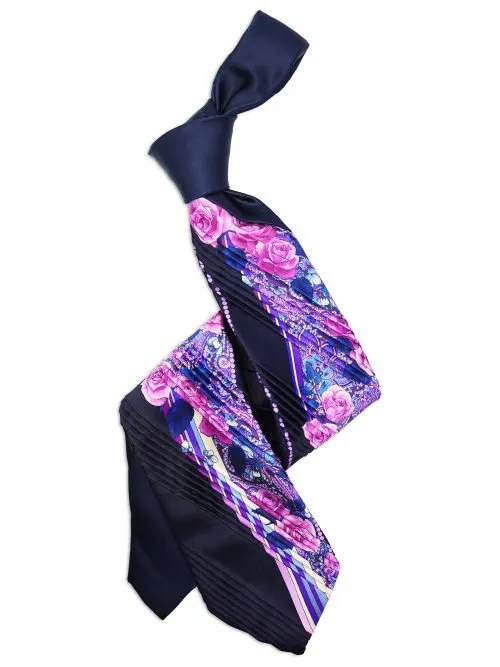 Limited Edition Dark blue Pleated Tie with Purple Paisley, Roses and Ribbons <sup style="background-color: #aa9b63; text-transform: capitalize; color: #FFFFFF">NEW</sup>