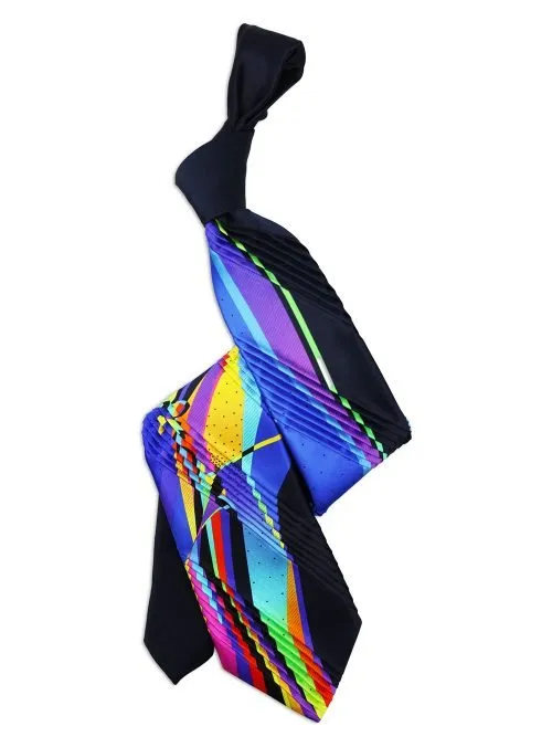 Limited Edition Blue Pleated Tie with multicolored sections, flowers, and ribbons <sup style="background-color: #aa9b63; text-transform: capitalize; color: #FFFFFF">NEW</sup>