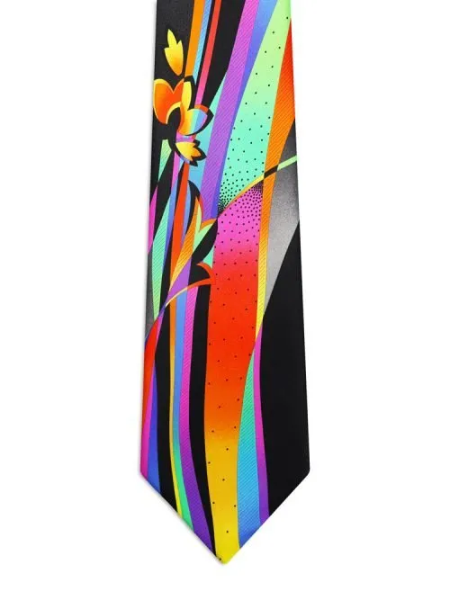 Black Signature tie with multicolored sections, flowers, and ribbons <sup style="background-color: #aa9b63; text-transform: capitalize; color: #FFFFFF">NEW</sup>