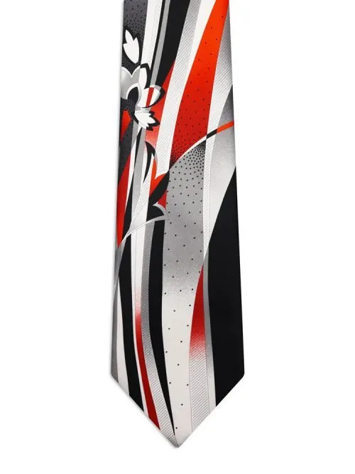 Black Signature tie with white, black, and red sections, flowers, and ribbons. <sup style="background-color: #aa9b63; text-transform: capitalize; color: #FFFFFF">NEW</sup>