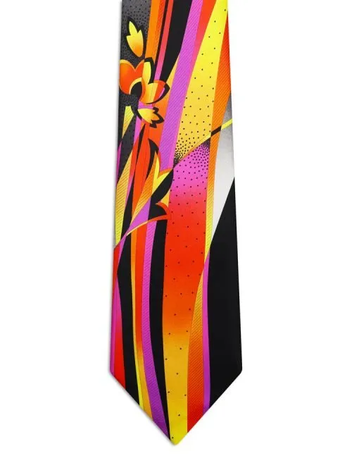 Black Signature tie with red, yellow, and pink sections, flowers, and ribbons. <sup style="background-color: #aa9b63; text-transform: capitalize; color: #FFFFFF">NEW</sup>