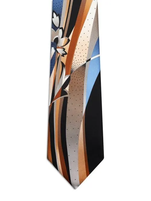 Black Signature tie with beige, brown, and light blue sections, flowers, and ribbons.<sup style="background-color: #aa9b63; text-transform: capitalize; color: #FFFFFF">NEW</sup>