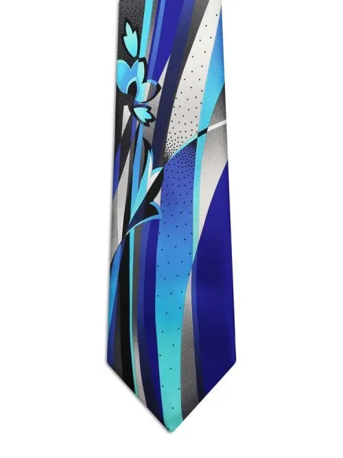 Royal Blue Signature tie with Blue, light blue and white sections, flowers, and ribbons. <sup style="background-color: #aa9b63; text-transform: capitalize; color: #FFFFFF">NEW</sup>