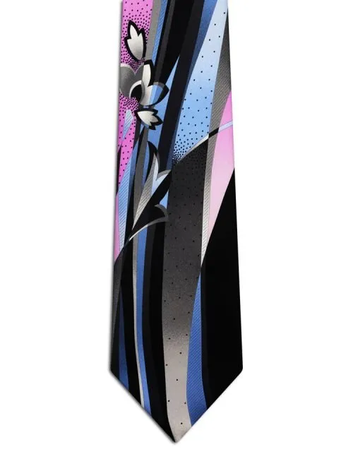 Black Signature tie with light blue, pink, and grey sections, flowers, and ribbons <sup style="background-color: #aa9b63; text-transform: capitalize; color: #FFFFFF">NEW</sup>