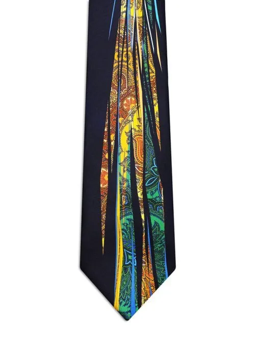 Cravatta Signature Blu con paisley Marrone, giallo e verde e nastri <sup style="background-color: #aa9b63; text-transform: capitalize; color: #FFFFFF">NUOVO</sup>