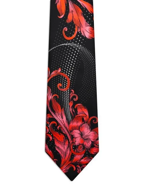 Signature Black Tie with Red Floral and Baroque Patterns and White Polka Dots <sup style="background-color: #aa9b63; text-transform: capitalize; color: #FFFFFF">NEW</sup>