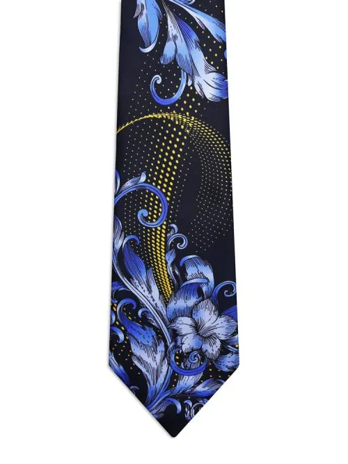 Signature Blue Tie with Light Blue Floral and Baroque Patterns and Yellow Polka Dots <sup style="background-color: #aa9b63; text-transform: capitalize; color: #FFFFFF">NEW</sup>