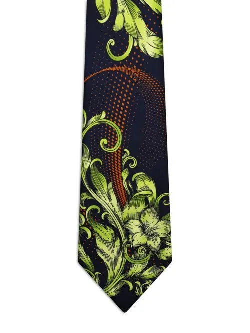 Signature Blue Tie with Green Floral and Baroque Patterns and Orange Polka Dots <sup style="background-color: #aa9b63; text-transform: capitalize; color: #FFFFFF">NEW</sup>