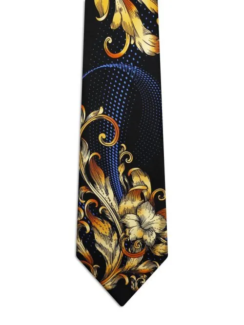 Signature Balck Tie with Gold Floral and Baroque Patterns and Blue Polka Dots<sup style="background-color: #aa9b63; text-transform: capitalize; color: #FFFFFF">NEW</sup>