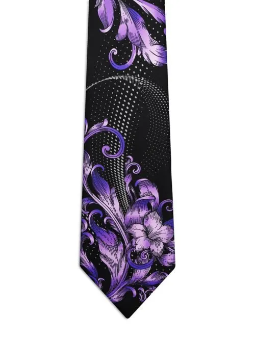 Signature Blue Tie with Lilac Floral and Baroque Patterns and White Polka Dots <sup style="background-color: #aa9b63; text-transform: capitalize; color: #FFFFFF">NEW</sup>