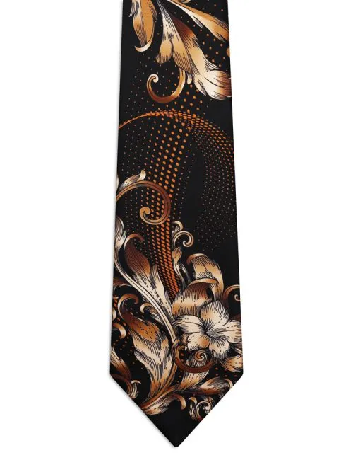 Signature Blue Tie with Bronze Floral and Baroque Patterns and Orange Polka Dots <sup style="background-color: #aa9b63; text-transform: capitalize; color: #FFFFFF">NEW</sup>